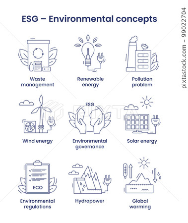 Set icons environmental, ESG concept. Icons with captions. Vector illustration isolated on a white background. 99022704