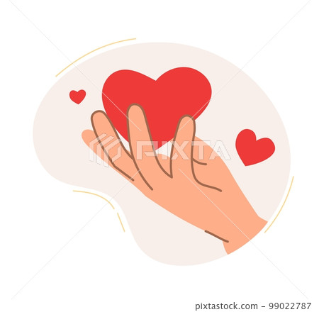 The hand holds a red heart. The concept of a business idea, startup, organization, brainstorming. Vector illustration isolated on a white background 99022787