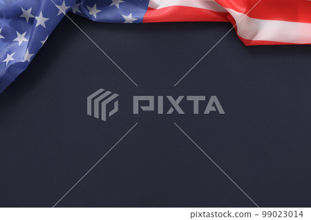 American flag on blue navy background. Top view. Copy space. 99023014