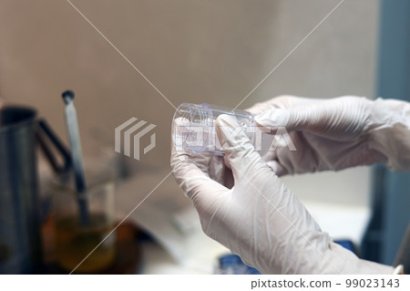 在實驗室裡拿著空容器的醫用手套中人手的裁剪視圖 99023143