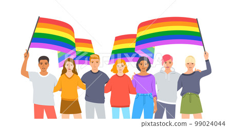 LGBT pride month. Gay parade. Group of lesbian, gay, bisexual and transgender young people holding rainbow flag. Homosexual love demonstration. Movement against discrimination by sexuality 99024044