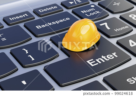Construction Orange Hard Hat on laptop keyboard, 3D rendering 99024618