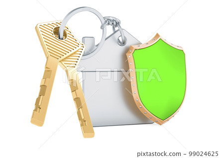 Home key with keychain with shield, 3D rendering Home key with keychain with shield, 3D rendering 99024625
