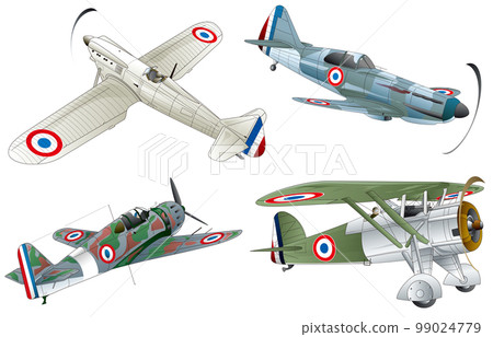 A vector illustration set of four types of French single-seat propeller fighter aircraft that were active before and after World War II. 99024779