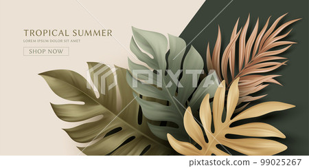 Summer Tropical Palm Leaves. Design of Summer Flyer, Website, Banner, Landing Page. Palm, Monster, Banana Leaf. Vector Illustration 99025267