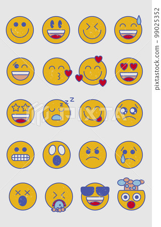 Vintage style face emoji set of 20. Retro 90s 80s 70s style emoticon. Vintage style face emoji set of 20. Retro 90s 80s 70s style emoticon. 99025352