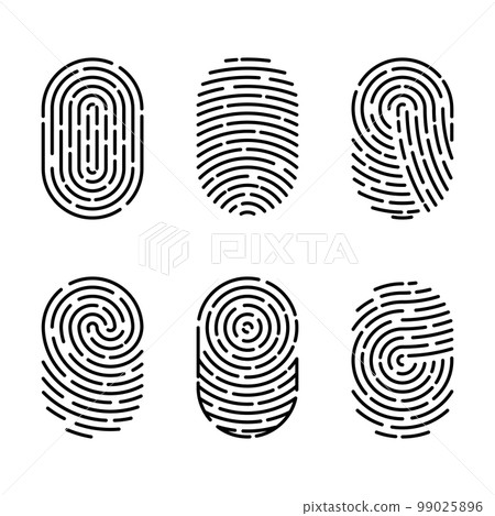 Set of vector illustrations of security fingerprint authentication. Finger identity, technology biometric illustration. Fingerprint template collection 99025896