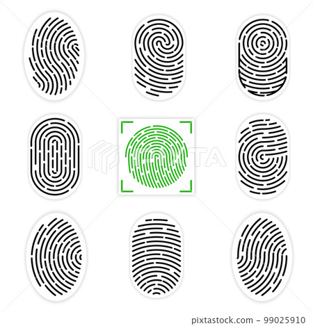 Set of vector illustrations of security fingerprint authentication. Finger identity, technology biometric illustration. Fingerprint template collection 99025910