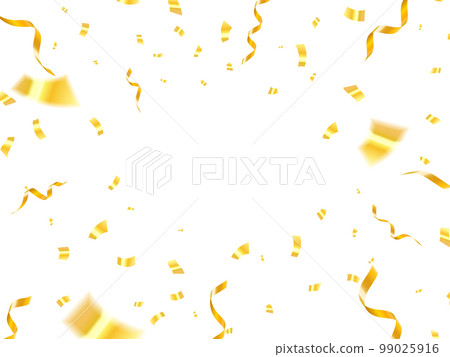 Falling shiny golden confetti isolated on white background. Bright festive tinsel of gold color 99025916