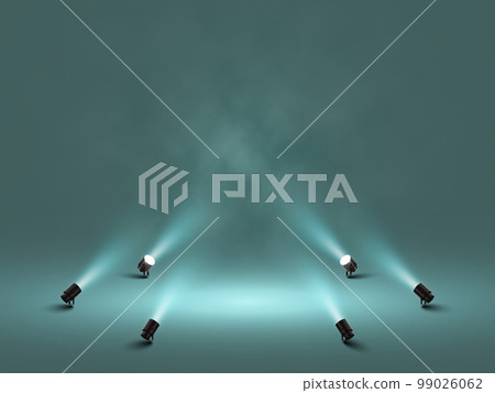 Spotlights with bright white light shining stage. Illuminated effect projector. Illustration of projector for studio. Vector illustration 99026062