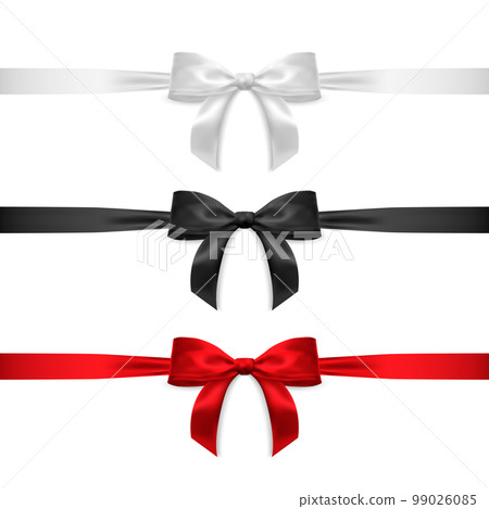 Set of realistic vector bows isolated on white background. White, red, black gift bows for cards, presentation, valentine's day, christmas and birthday illustrations. Top view Set of realistic vector bows isolated on white background. White, red, black gift bows for cards, presentation, valentine's day, christmas and birthday illustrations. Top view 99026085