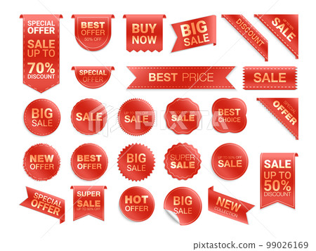 Vector red labels isolated on white background. Sale promotion, website stickers, new offer badge collection. Flat badges discount and tags. Best choice tags. Vector illustration Vector red labels isolated on white background. Sale promotion, website stickers, new offer badge collection. Flat badges discount and tags. Best choice tags. Vector illustration 99026169