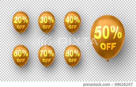 Trendy gold balloons with discounts percentage. Vector illustration 99026207