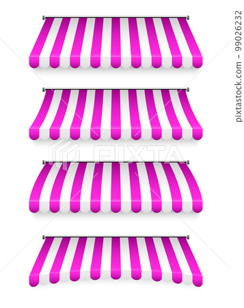 Realistic striped shop sunshade. Store awning. Roof canopy. Shop tent set. Vector illustration Realistic striped shop sunshade. Store awning. Roof canopy. Shop tent set. Vector illustration 99026232