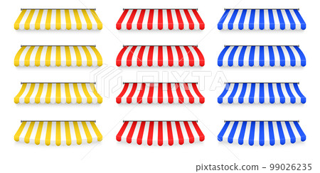 Realistic striped shop sunshade. Store awning. Roof canopy. Shop tent set. Vector illustration Realistic striped shop sunshade. Store awning. Roof canopy. Shop tent set. Vector illustration 99026235