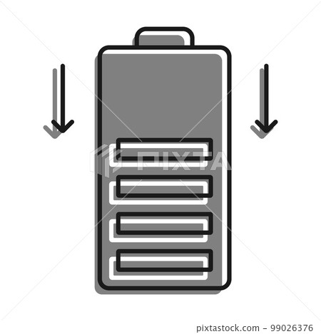 Linear filled with gray color icon. Dropping Battery Power. Energy Storage In Energy Efficient Recyclable Battery. Simple black and white vector On white background Linear filled with gray color icon. Dropping Battery Power. Energy Storage In Energy Efficient Recyclable Battery. Simple black and white vector On white background 99026376