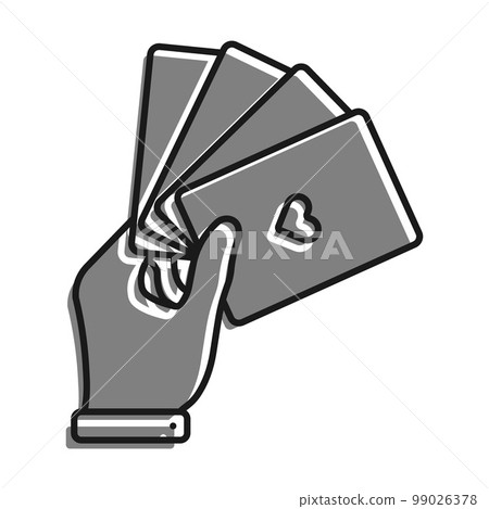 Linear filled with gray color icon. Hand Holds Playing Cards. Professional Gambling Poker In Casino. Simple black and white vector Isolated On white background Linear filled with gray color icon. Hand Holds Playing Cards. Professional Gambling Poker In Casino. Simple black and white vector Isolated On white background 99026378