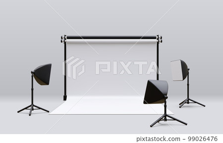 3d realistic interior of modern photo studio with professional lighting equipment. Empty photography studio with spotlights. Vector illustration 3d realistic interior of modern photo studio with professional lighting equipment. Empty photography studio with spotlights. Vector illustration 99026476