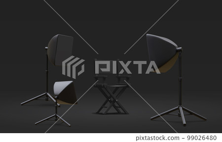3d realistic interior of modern photo studio with chair and professional lighting equipment. Empty photography studio with spotlights. Vector illustration 99026480