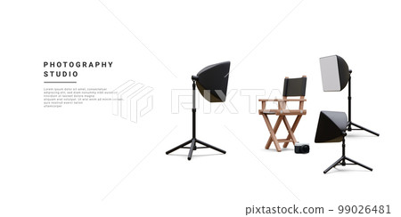 3d realistic interior of modern photo studio with chair, camera and professional lighting equipment. Empty photography studio with spotlights. Vector illustration 99026481