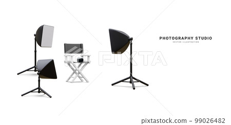 3d realistic interior of modern photo studio with chair, camera and professional lighting equipment. Empty photography studio with spotlights. Vector illustration 3d realistic interior of modern photo studio with chair, camera and professional lighting equipment. Empty photography studio with spotlights. Vector illustration 99026482