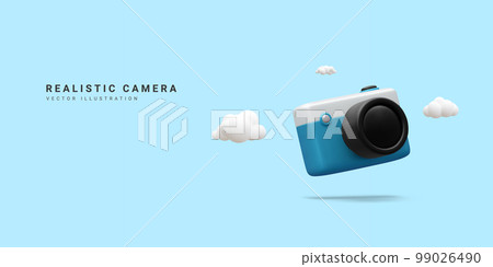 3d realistic camera isolated on blue background.Time to travel concept in minimal style with copy space. Vector illustration 99026490
