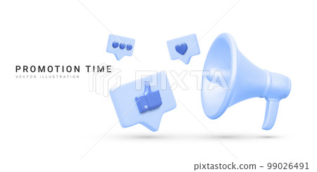 3d realistic megaphone with flying social media icons white background. Vector illustration 99026491