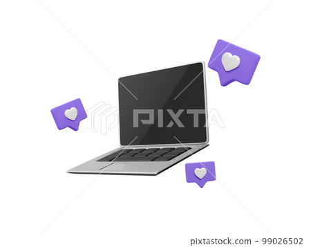3d realistic laptop with social media likes flying around the device. Online social concept with laptop in cartoon style. Vector illustration 3d realistic laptop with social media likes flying around the device. Online social concept with laptop in cartoon style. Vector illustration 99026502