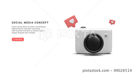 3d realistic social media banner with camera and social icons isolated on white background. Vector illustration 99026519