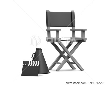 3d realistic movie industry concept. Cinema production design concept. Director chair, clapperboard and megaphone on light background. Vector illustration 99026555