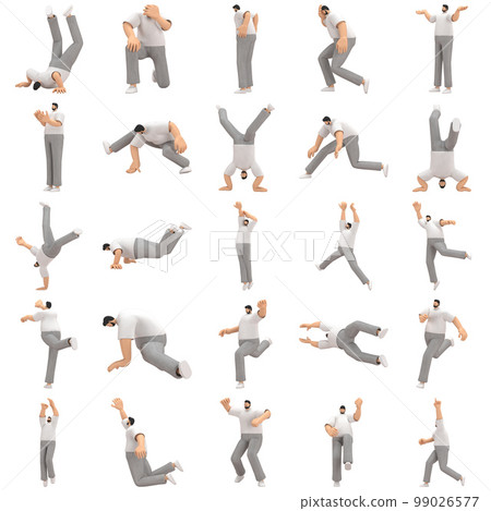 The man with beard wearinggray corduroy pants and white collar t-shirt is expression of body or doing exercise. 3d rendering of cartoon character in acting. The man with beard wearinggray corduroy pants and white collar t-shirt is expression of body or doing exercise. 3d rendering of cartoon character in acting. 99026577