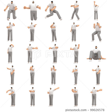 The man with beard wearinggray corduroy pants and white collar t-shirt is expression of body or doing exercise. 3d rendering of cartoon character in acting. 99026578