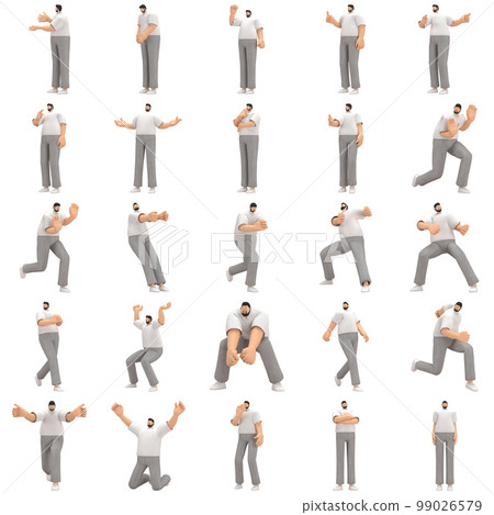The man with beard wearinggray corduroy pants and white collar t-shirt is expression of body or doing exercise. 3d rendering of cartoon character in acting. The man with beard wearinggray corduroy pants and white collar t-shirt is expression of body or doing exercise. 3d rendering of cartoon character in acting. 99026579