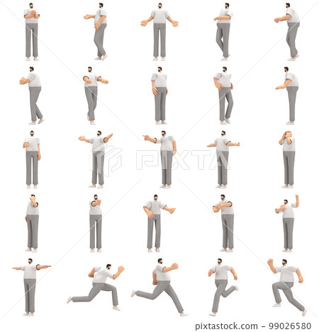 The man with beard wearinggray corduroy pants and white collar t-shirt is expression of body or doing exercise. 3d rendering of cartoon character in acting. The man with beard wearinggray corduroy pants and white collar t-shirt is expression of body or doing exercise. 3d rendering of cartoon character in acting. 99026580