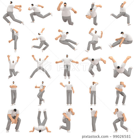The man with beard wearinggray corduroy pants and white collar t-shirt is expression of body or doing exercise. 3d rendering of cartoon character in acting. 99026581