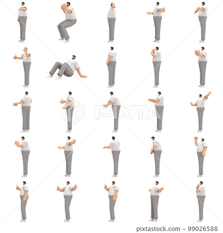 The man with beard wearinggray corduroy pants and white collar t-shirt is expression of body or doing exercise. 3d rendering of cartoon character in acting. 99026588