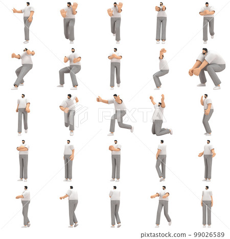 The man with beard wearinggray corduroy pants and white collar t-shirt is expression of body or doing exercise. 3d rendering of cartoon character in acting. The man with beard wearinggray corduroy pants and white collar t-shirt is expression of body or doing exercise. 3d rendering of cartoon character in acting. 99026589