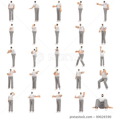 The man with beard wearinggray corduroy pants and white collar t-shirt is expression of body or doing exercise. 3d rendering of cartoon character in acting. The man with beard wearinggray corduroy pants and white collar t-shirt is expression of body or doing exercise. 3d rendering of cartoon character in acting. 99026590