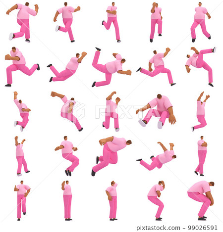 The black man with pink clothes is expression of body or doing exercise. 3d rendering of cartoon character in acting. 99026591