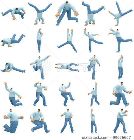 The man   wearing jeans and  long shirt is expression of body or doing exercise. 3d rendering of cartoon character in acting. 99026607