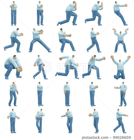 The man wearing jeans and long shirt is expression of body or doing exercise. 3d rendering of cartoon character in acting. The man wearing jeans and long shirt is expression of body or doing exercise. 3d rendering of cartoon character in acting. 99026609