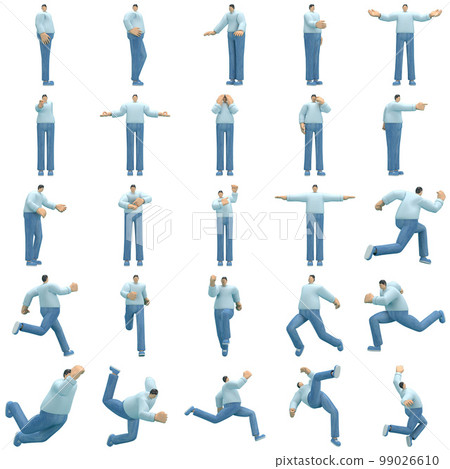 The man wearing jeans and long shirt is expression of body or doing exercise. 3d rendering of cartoon character in acting. The man wearing jeans and long shirt is expression of body or doing exercise. 3d rendering of cartoon character in acting. 99026610