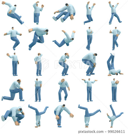 The man   wearing jeans and  long shirt is expression of body or doing exercise. 3d rendering of cartoon character in acting. 99026611