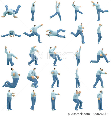 The man wearing jeans and long shirt is expression of body or doing exercise. 3d rendering of cartoon character in acting. The man wearing jeans and long shirt is expression of body or doing exercise. 3d rendering of cartoon character in acting. 99026612