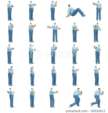 The man   wearing jeans and  long shirt is expression of body or doing exercise. 3d rendering of cartoon character in acting. 99026613