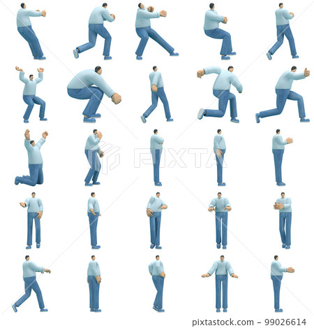The man wearing jeans and long shirt is expression of body or doing exercise. 3d rendering of cartoon character in acting. The man wearing jeans and long shirt is expression of body or doing exercise. 3d rendering of cartoon character in acting. 99026614