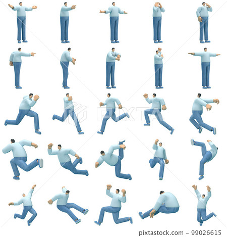 The man wearing jeans and long shirt is expression of body or doing exercise. 3d rendering of cartoon character in acting. The man wearing jeans and long shirt is expression of body or doing exercise. 3d rendering of cartoon character in acting. 99026615
