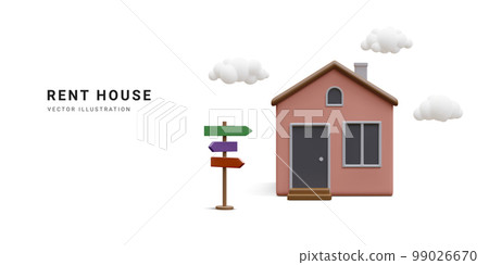 3d realistic banner with home, clouds and street sign isolated on white background. Real estate, rent agency, rent house concept. House icon in cartoon minimal style. Vector illustration 3d realistic banner with home, clouds and street sign isolated on white background. Real estate, rent agency, rent house concept. House icon in cartoon minimal style. Vector illustration 99026670