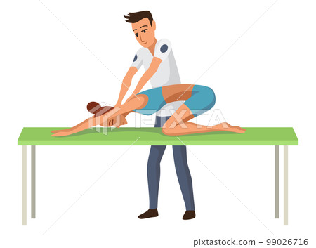 Massage therapist at work. Patient lying on couch, enjoying body relaxing treatment. Physiotherapist practicing massage, isolated cartoon characters. Flat vector illustration 99026716