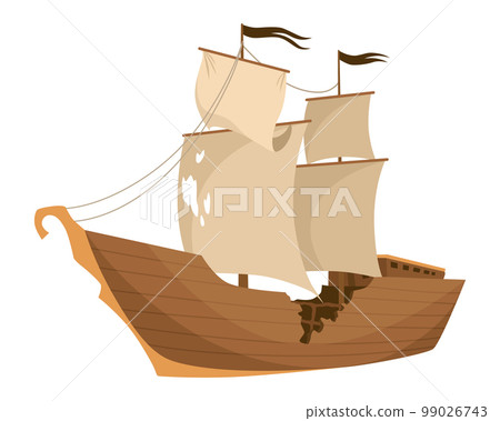 Broken ship icon. Cartoon wooden battered ship with tattered flag and sails after wreck or attack. Destroyed, wreck ship isolated on white background 99026743